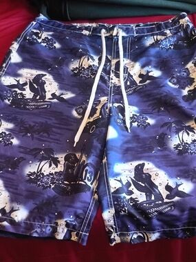 Blue Tropical Print Drawstring Swim Trunks Red Sand Vintage!¡!